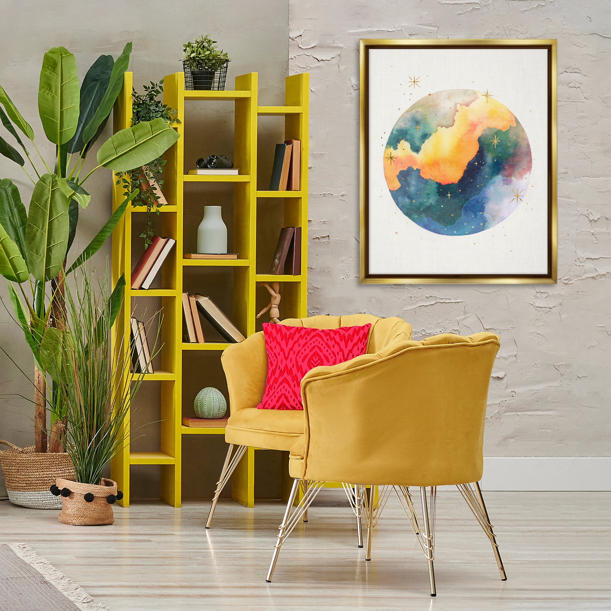 Stupell Industries Nebula & Stars Watercolor STEM Painting Gold Floater Framed Canvas Art Print Wall Art, 25 x 31