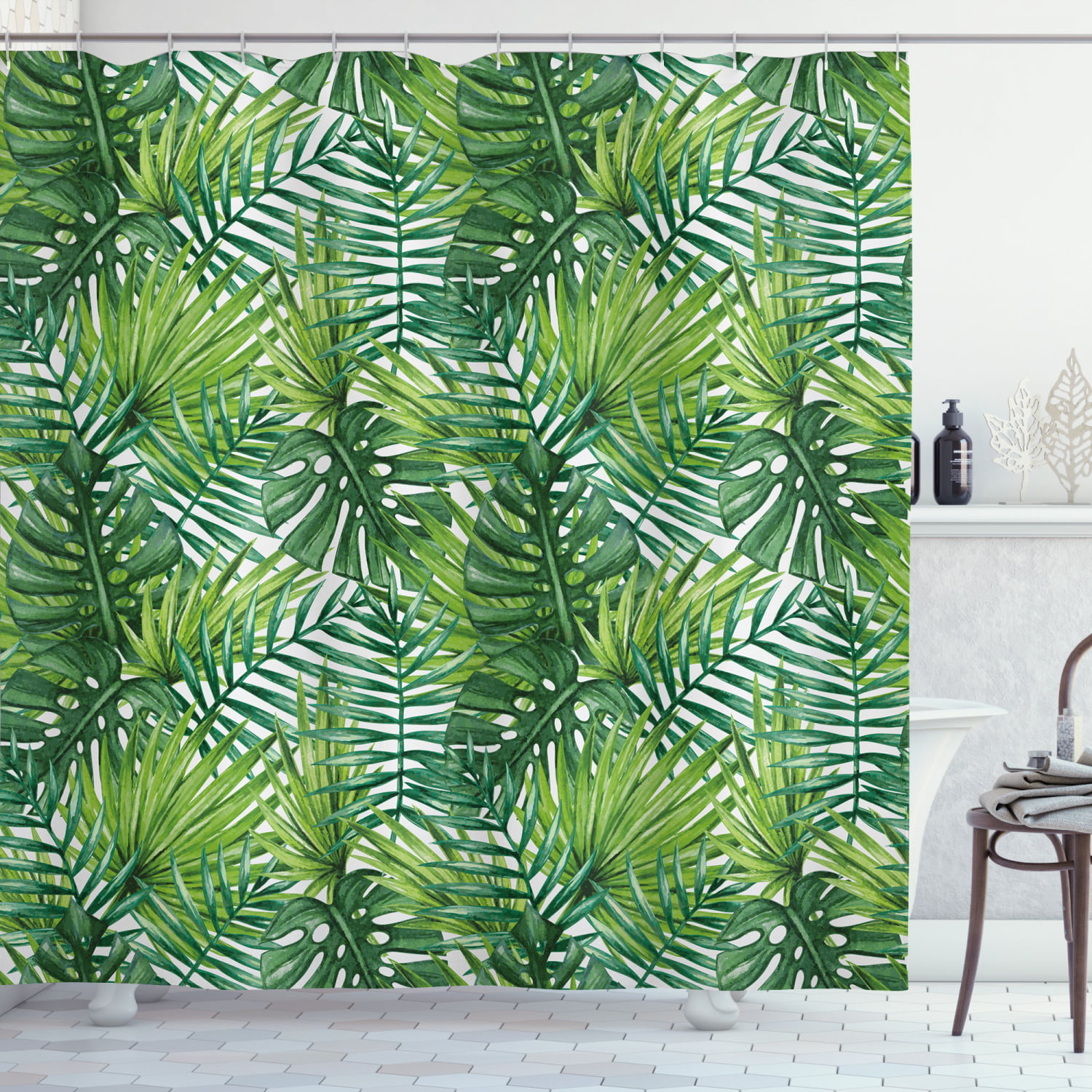 Jungle Theme Shower Curtain Tropical plant leaves Bathroom Waterproof Fabric 70" 