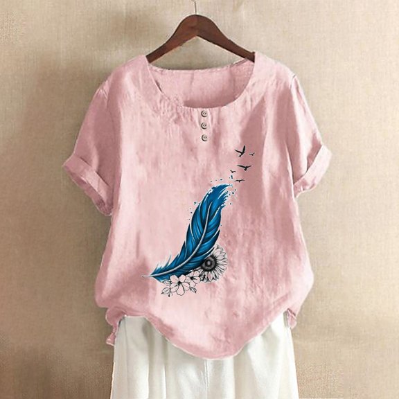 Usmixi Shirts for Women Vintage Ethnic Style Graphics Cotton Linen Button Plus Size Tee Tops Summer Trendy Feather Print Short Sleeve Crewneck Ladies Blouses Pink XXXXXL