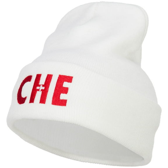 Switzerland CHE Flag Embroidered Long Beanie - White OSFM