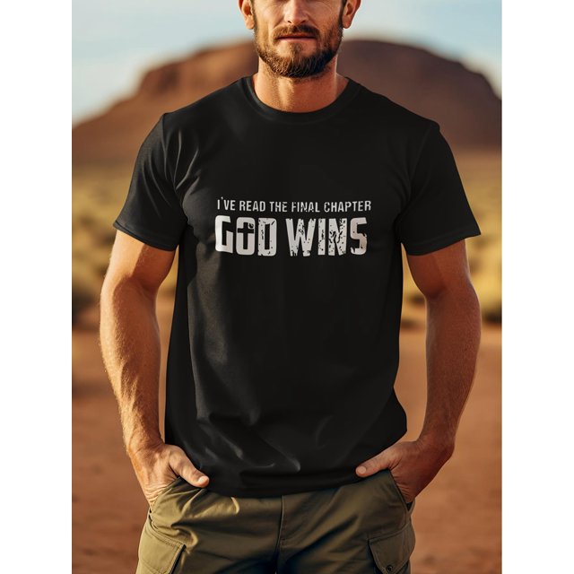 Men's "God Wins" Graphic T-Shirt - 100% Cotton, Breathable & Comfortable, Casual Round Neck Short Sleeve Tee with Desert Canyon Print, Ideal for Summer