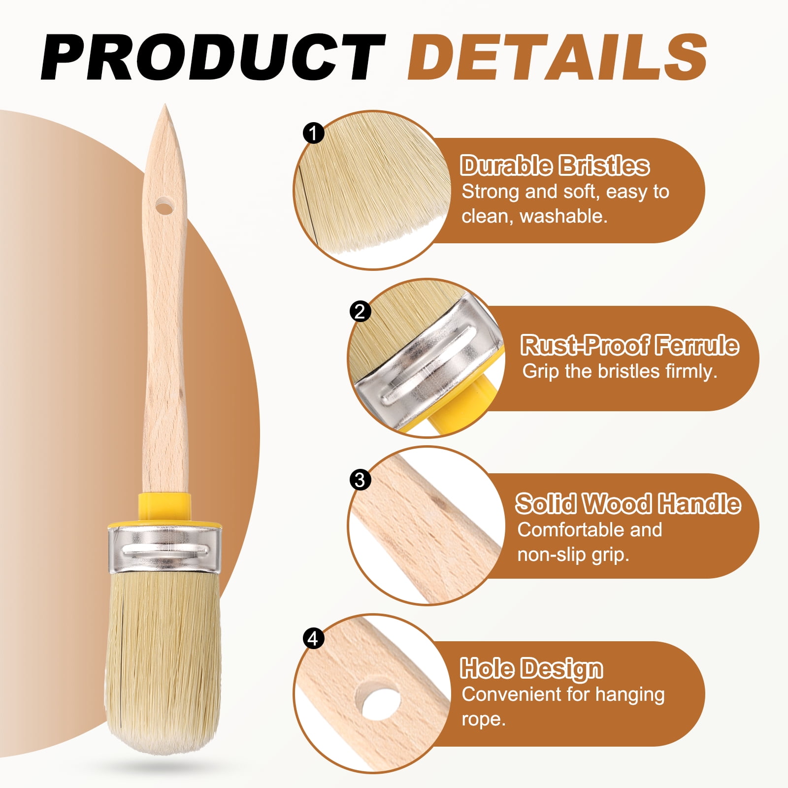 Uxcell  Wax Paint Brushes, 2 x 0.7 Inch Paint Brush, Oval PET Fiber Bristle with Wood Handle, Painting Tool for Furniture DIY Home Decor Art Crafts, Yellow