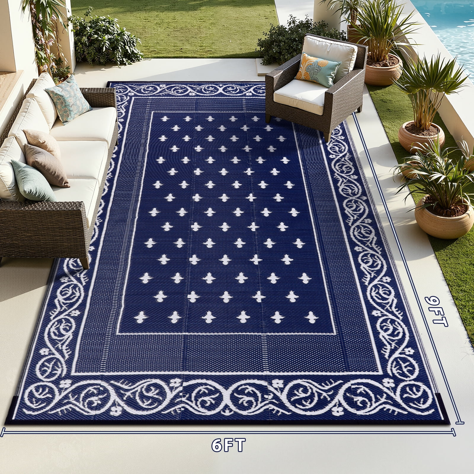 Findosom 6'x9' Blue Large Outdoor Rug Outdoor Mat RV Outdoor Rug Reversible Plastic Straw Area Rug Mat Camping Rugs Waterproof Floor Mat and Rug for RV,Patio,Backyard,Deck,Picnic,Beach,Trailer