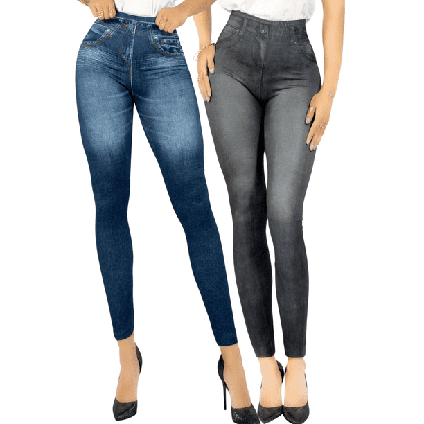SET DE 2 LEGGING GRUESO DE MUJER AZUL Y NEGRO DISEÑO MEZCLILLA UNITALLA