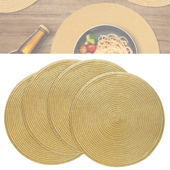 4Pcs Round Hand Woven Mats,Heat Resistant Placemat,Anti-Skid Washable Table Mats,Braided Dining Pads,Household Insulation Mat,for Home Kitchen Restaurant Decor Gold