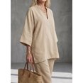 thumbnail image 4 of Women's Summer 2 Piece Outfits Lounge Sets Three-quarter Sleeve Top Wide Leg Cropped Pants with Pockets, 4 of 5