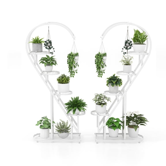 Resenkos Raised Planter Stand, Large Space Flower Rack Shelf,5 Tier Metal Plant Stand with Hanging Hook for Multiple Plants-White