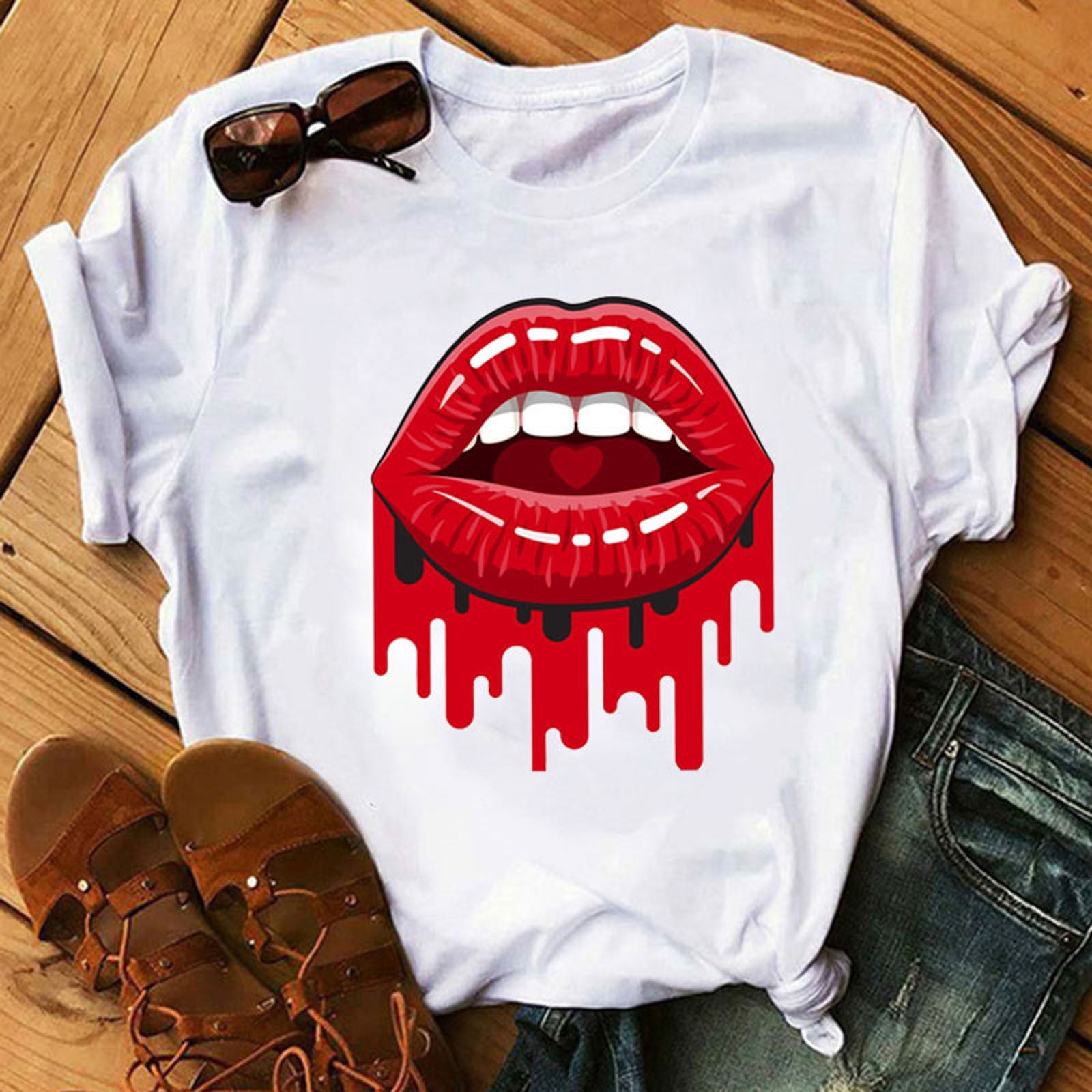 Woman Suit Lips Printed Short Sleeve O Neck T-shirt+Pocket Shorts Pant S-2XL