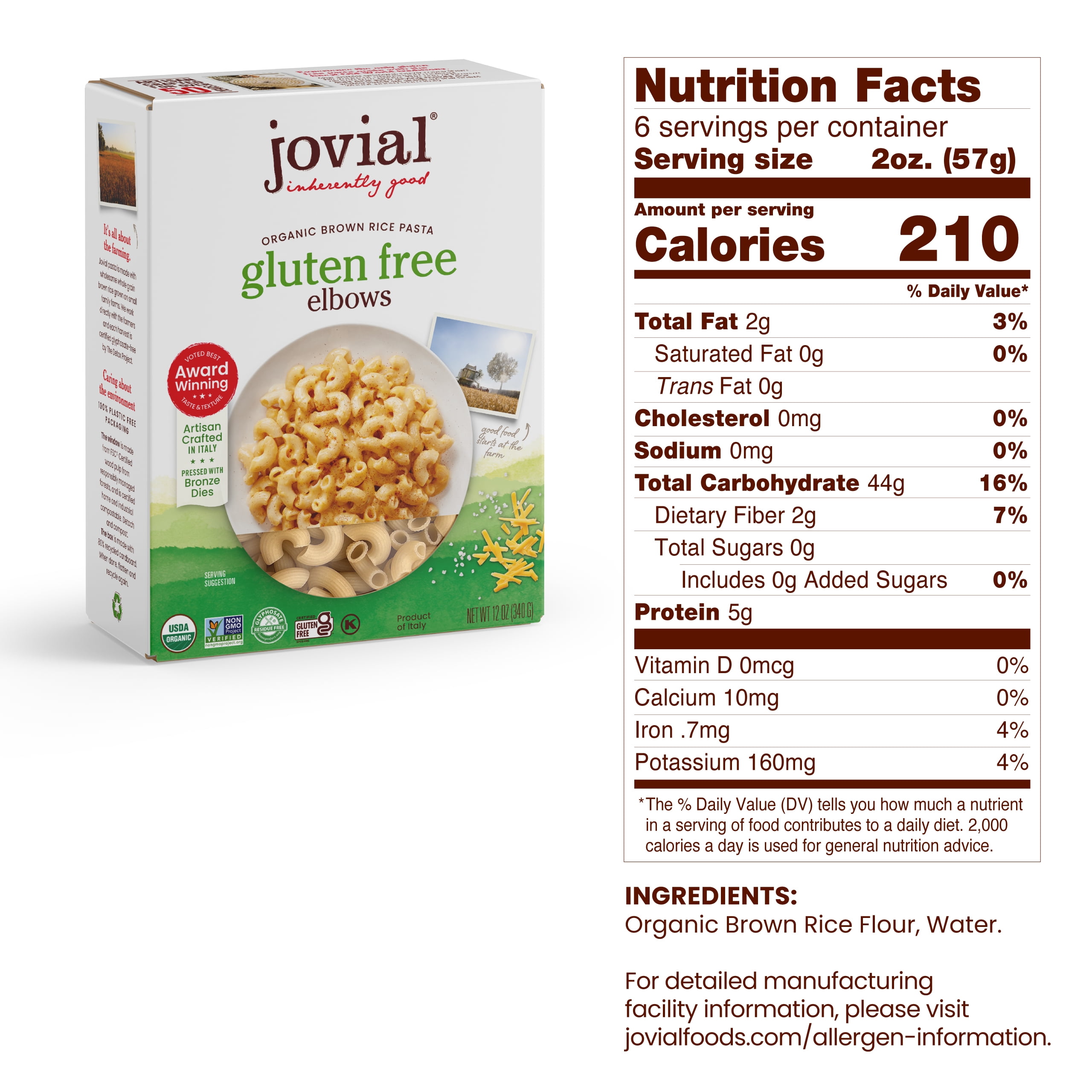 (3 pack) Jovial 100% Organic Gluten Free Brown Rice Elbows, 12 oz