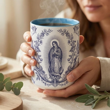 Our Lady of Guadalupe Coffee Mug, Navy Blue Toile Floral Ceramic Cup, Catholic Gift