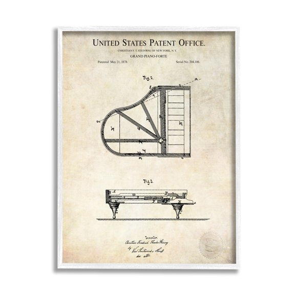 Stupell Industries Grand Piano Detailed Vintage Diagram Blueprint Instrument Framed Wall Art, 11 x 14, Design by Karl Hronek