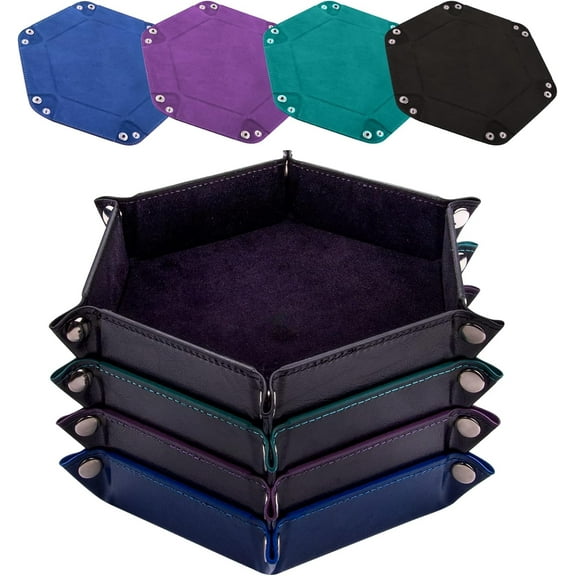 4 Pieces Dice Tray Set Foldable Dice Trays Hexagon Dice Rolling Tray PU Leather Dice Holder for Dice Games Like RPG, DND and Other Table Games (Red, Black, Blue and Violet)