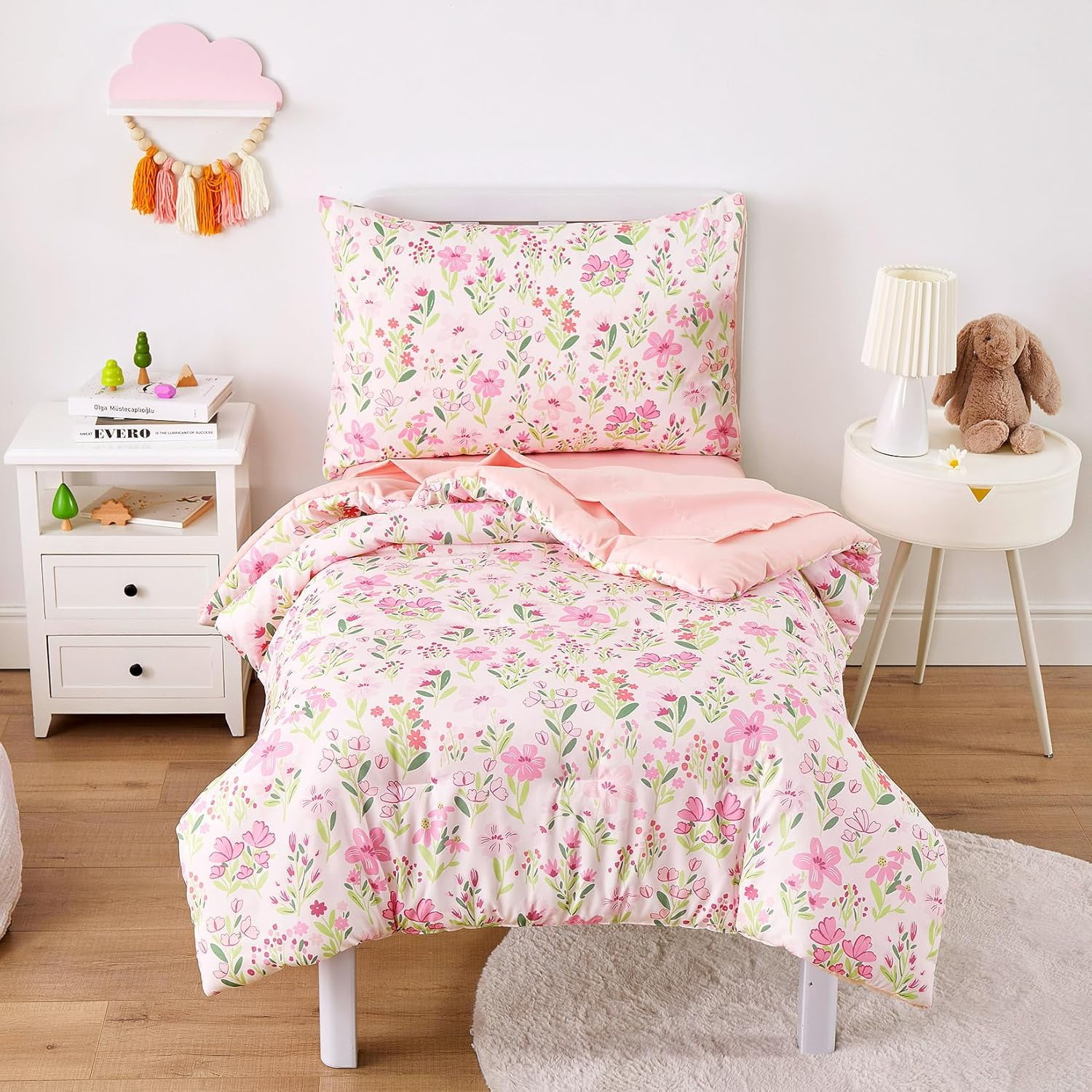 AllWays Plaza - Floral Toddler Bedding Set for Girls, Cute Colorful Botanical Flowers, 4 Pieces Soft Crib Bed Set Including Comforter, Sheets and Pillowcase, Orange Cream