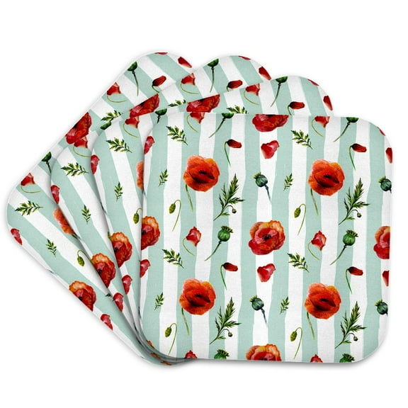 3drose, Pretty Watercolor Red Poppy Flowers on Aqua and White Stripes, Set of 4 Coasters - Soft