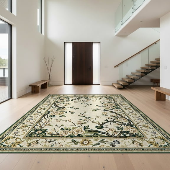 Design&I 8'x10' Washable Area Rug Oval Vintage Dining Trailing Vine Border Scroll Farmhouse Table for Living Room, Family Extra Large Skid-Resistant Low Profile