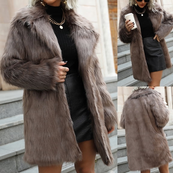 BiZtdJrK Prime Day Sales Today 2025 Warm Faux Fur Winter Coats for Women Plus Size Furry Fluffy Long Coat Jacket Winter Solid Long Sleeve Lapel Outerwear Gray L