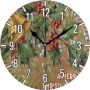 Wellsay 10in Vintage Christmas Holly Wall Clock, Non-Ticking Silent Battery Operated Wall Clock for Kids Living Room Bedroom Kitchen School Office Christmas Decor