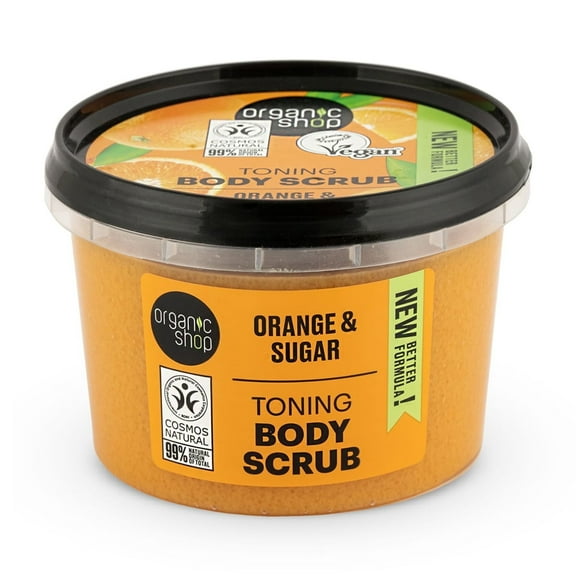 Organic Shop Orange & Sugar, Toning & Exfoliating Body Scrub, 100% Vegan & Organic, Daily Exfoliant, Detox & Moisturizer, Body, Face, Hand & Foot, Intensive Care & Skin Toning. 250ml.