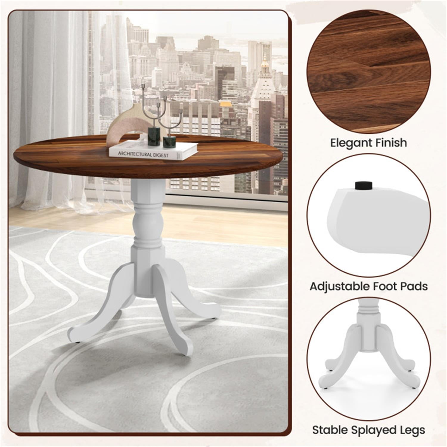 Demi Bonn Wooden Dining Table with Round Tabletop and Curved Trestle Legs, Modern Kitchen Table Furniture for Dining Room, Dinette, Brown+White