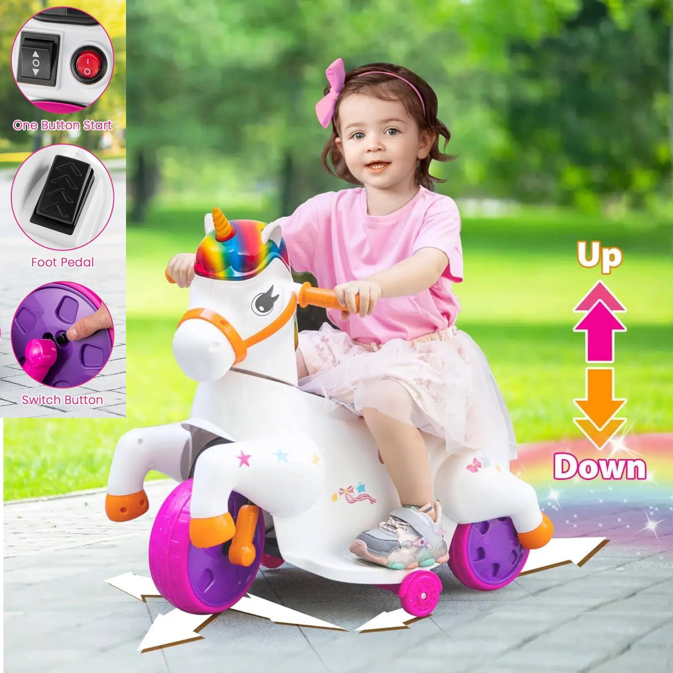 TRANSLINK 12V Unicorn Ride on Car Toys Music Up and Down Pony Electric Car for Kids Xmas Birthday Gifts Present Boys Girls Toys Ages 2-6