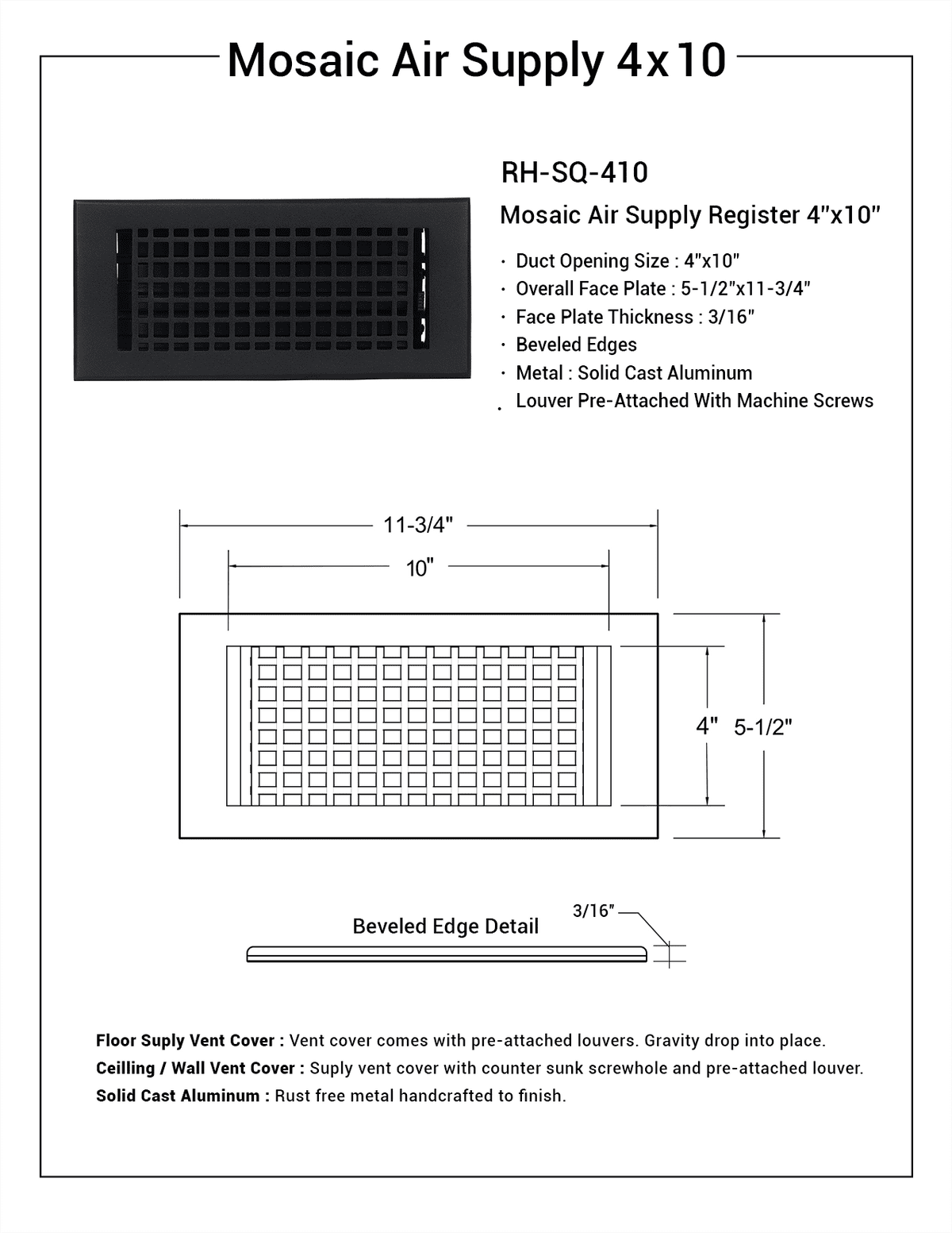 SET OF 5 Mosaic Air Supply Vent 4"x10" Duct Opening (Overall 5-1/2"x 11-3/4") Heavy Gauge Solid Cast Register || Powder Coated White with holes