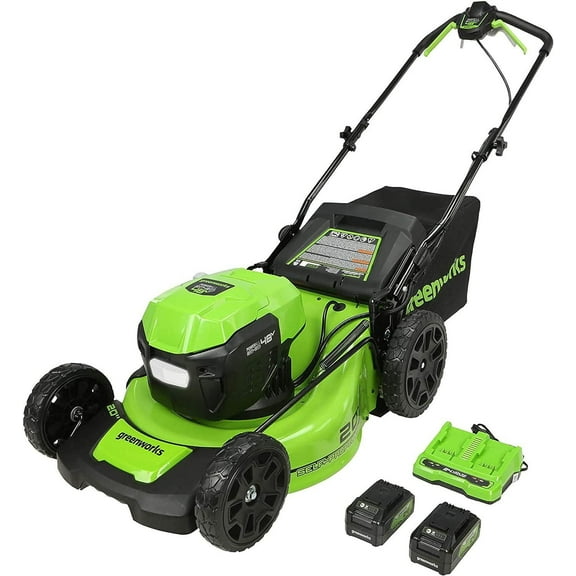 Greenworks 48V 20" Self-Propelled Mower, (2) 24V 5Ah USB Battery & Dual Charger