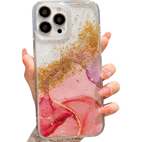 Compatible for iPhone 14 Pro Max 6.7 Inch Marble Print Clear case, Bling Gold foil Watercolor Pattern Phone case for Women Girls Soft TPU Shockproof Back Cover - Pink