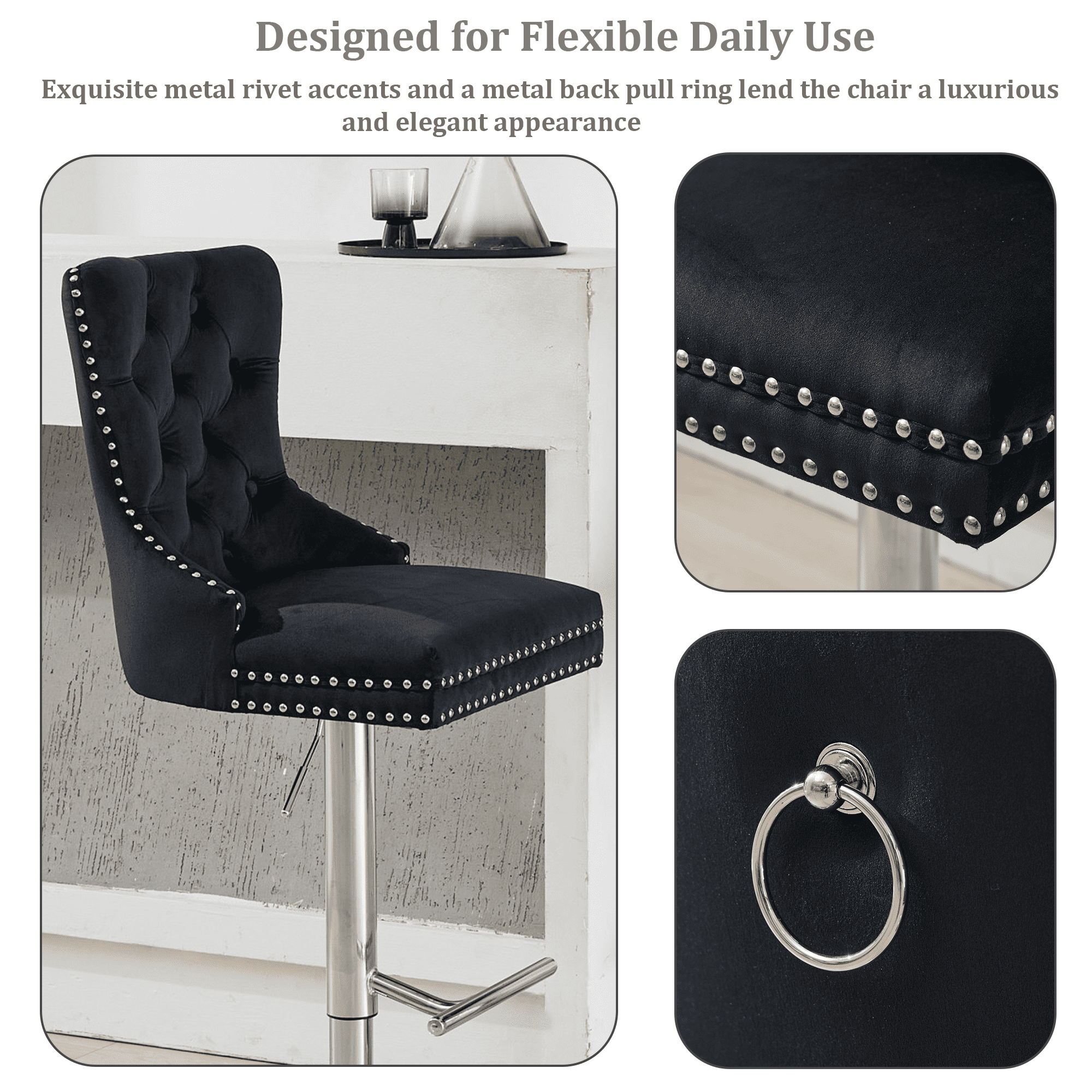 2-Piece Velvet Swivel Bar Stools, Adjustable Counter Height Dining Bar Chairs with Tufted Backrest and Nailhead Trim for Kitchen Island （Black with Silver Leg）