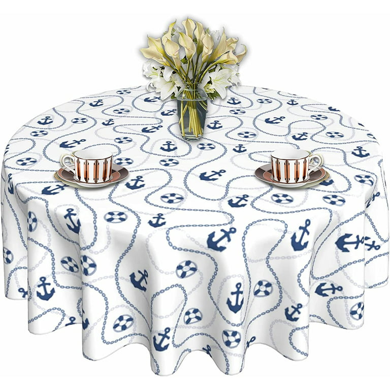 Nautical Tablecloth Round 60 Inch Summer Tablecloth Blue Anchor Tablecloth  Washable Table Cloth for Holiday Outdoor Kitchen Dining Table Decor 