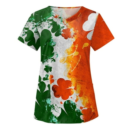 

Women St. Patrick s Day Scrub Top T Shirt Short Sleeve V Neck Floral Print Green Graphic Working Uniforms with Pockets