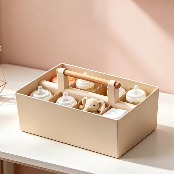 Stackable Storage Bin with Dividers, Compartment Storage Organizer with Portable Handle, Multipurpose Desktop Storage Box for Nursery, Office, and Bathroom