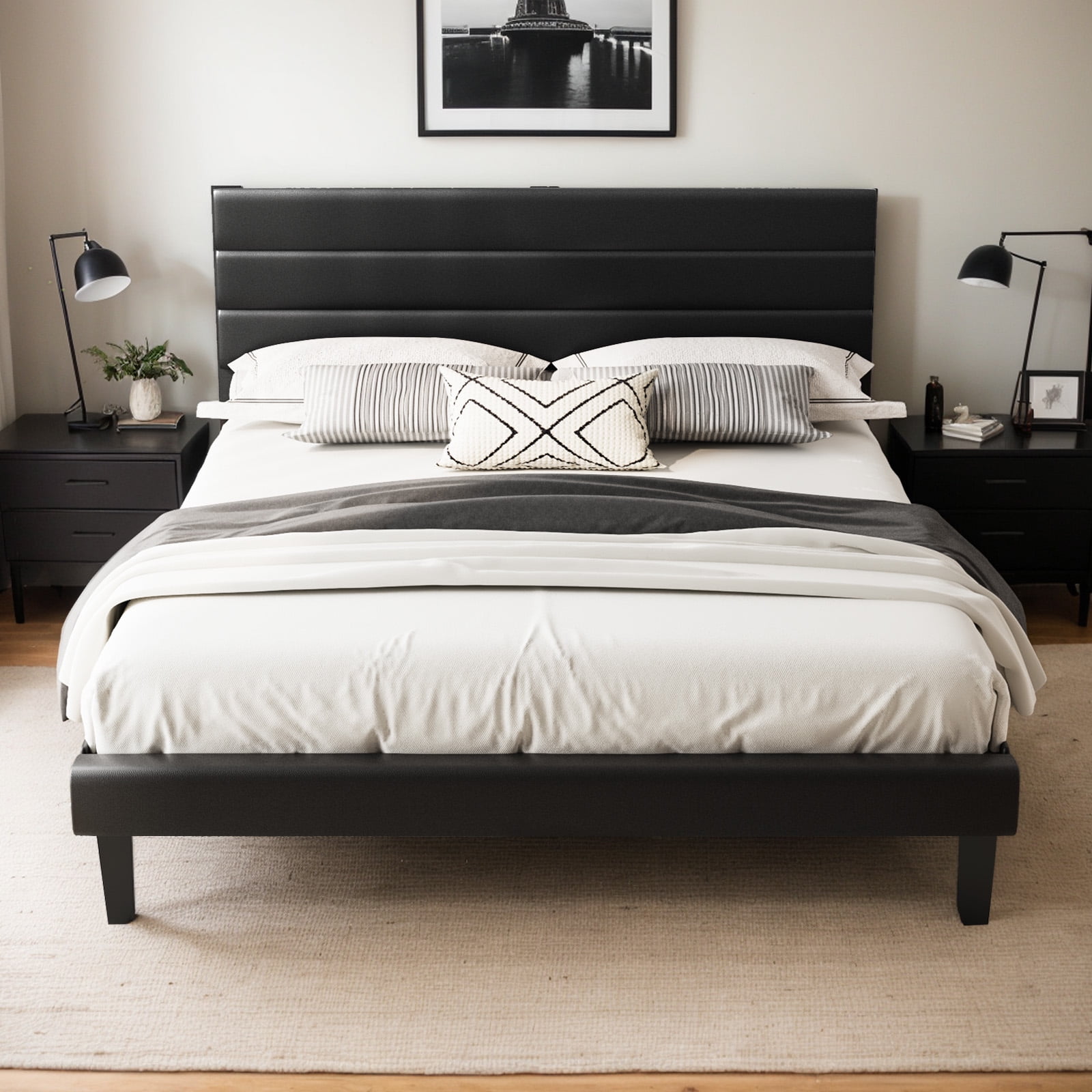UBesGoo Bed Frame Full Size Upholstered Platform Bed Frame with Headboard,  Mattress Foundation with Wood Support, Black