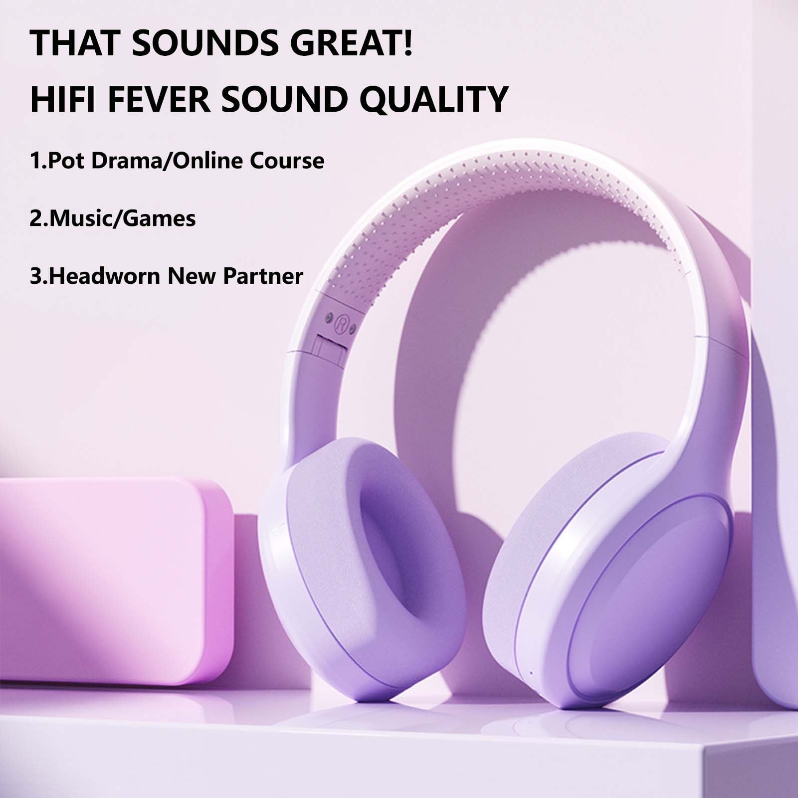 Bluetooth Headphones Over Ear, 80H Playtime Headphones Wireless with Mic, Bluetooth Headphones with 3 EQ Modes, HiFi Stereo Foldable Wireless Headphones for Phone PC Travel Workout,Purple