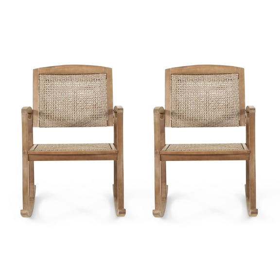 Arnton Acacia Wood and Wicker Outdoor Rocking Chair, Set of 2, Light Brown