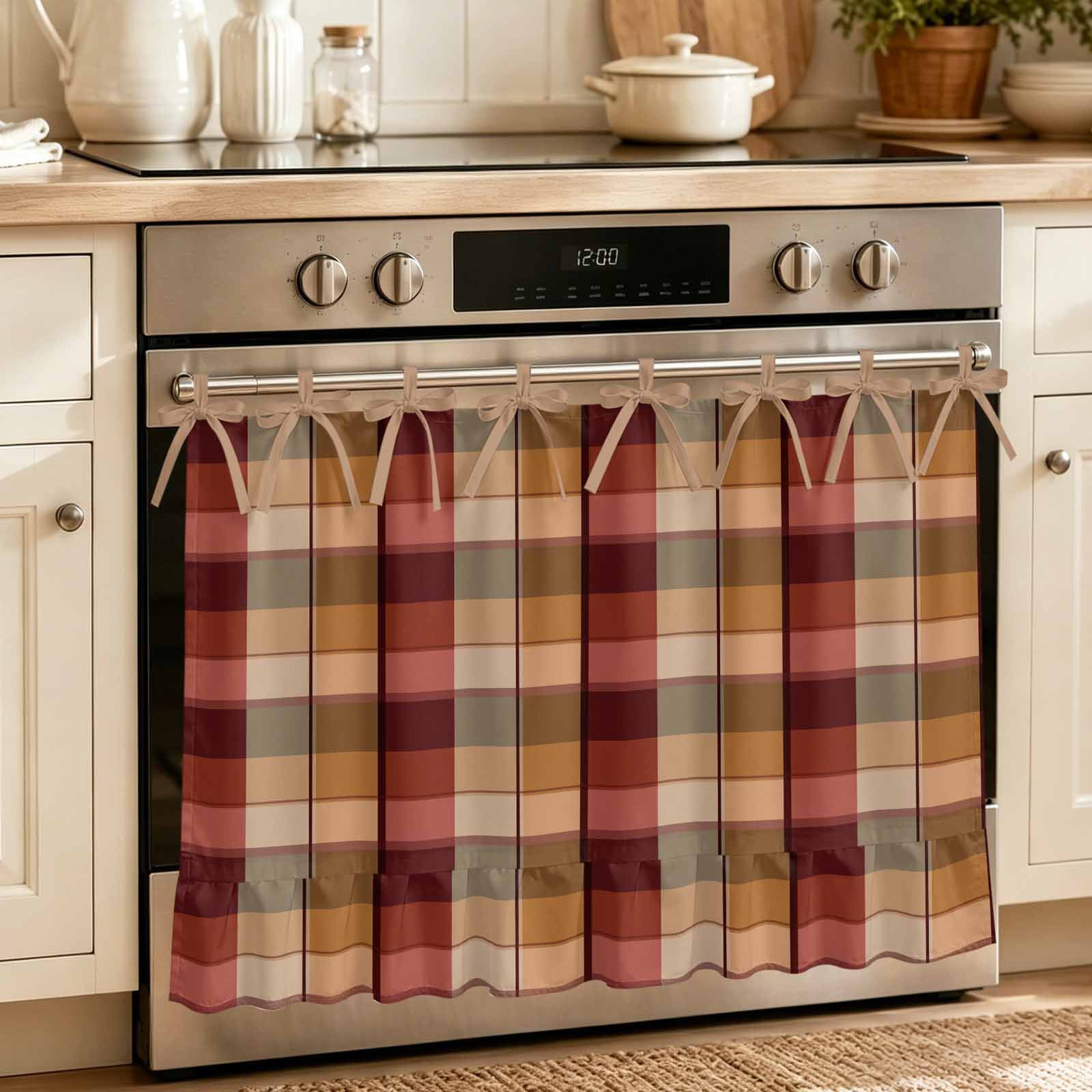 Oven Skirt Curtain for Kitchen 21.5x30 Inch Red Brown Plaid Oven Curtain with 8 Ribbon Ties & Ruffle Trim Stove Skirt Curtain Dishwasher for Cabinets Sinks Modern Abstract Ombre Gingham Checkered
