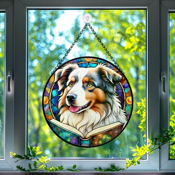 89Bloom Australian Shepherd Window Hanging Stained Glass, Australian Shepherd Book Suncatchers for Windows Stained Glass, Dog Stained Glass Suncatcher