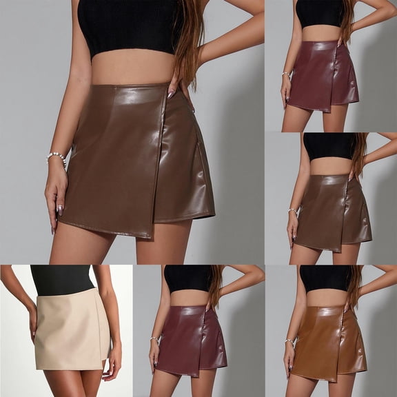 FRSASU Womens Fuax Leather Skirt Pleated Irregular High Waisted Side Zipper Bodycon Pencil Mini Divided skirts Wine