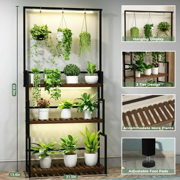 Hanging Plant Stand with Grow Light, 3 Tier Metal Plant Stand for Indoor Plants Multiple, Large Plant Shelf Display Holder, Ladder Shape Plant Rack for Living Room, , Balcony
