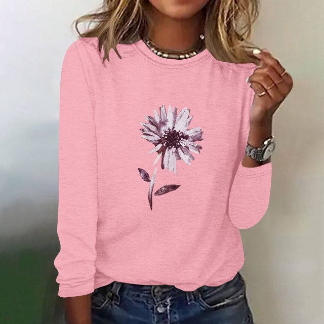 EQWLJWE Chandails à Manches Longues pour Femmes T-Shirt d'Été Mode T-Shirt de Printemps pour Femmes à Manches Longues Imprimé Col Rond T-Shirt Décontracté Hauts Vêtements d'Automne pour Femmes