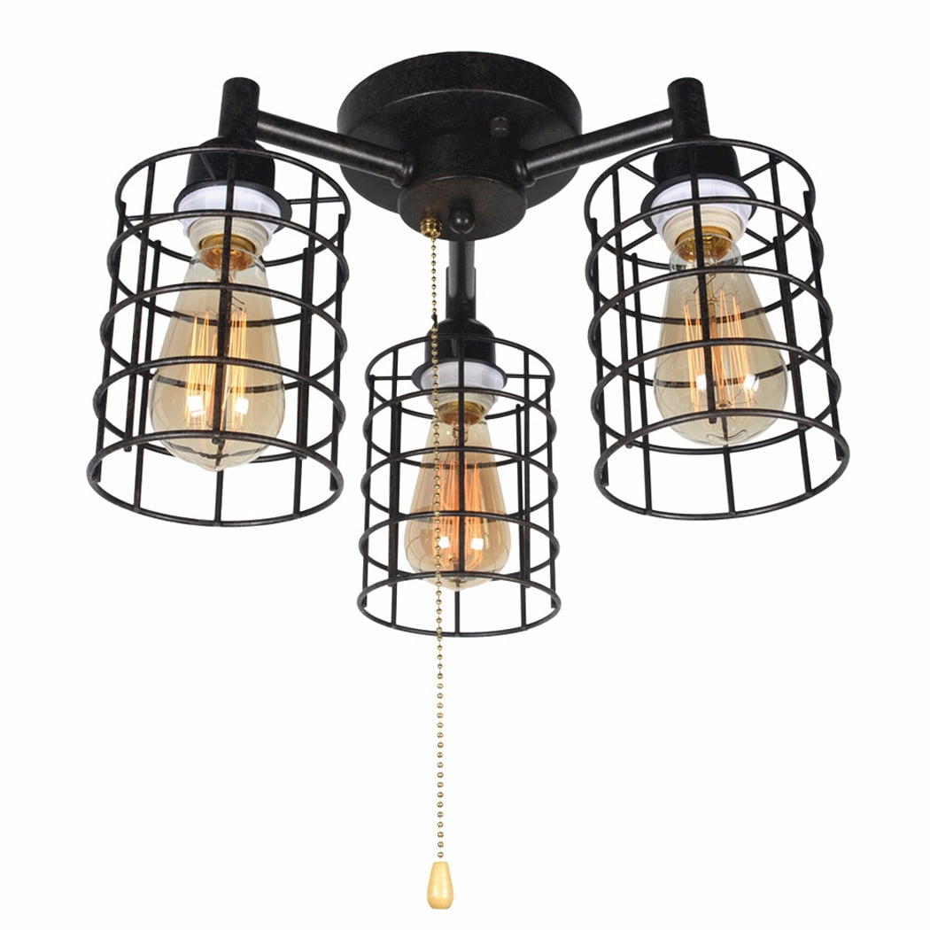 Industrial Black Ceiling Light with Pull Chain, Metal Wire Cage Semi