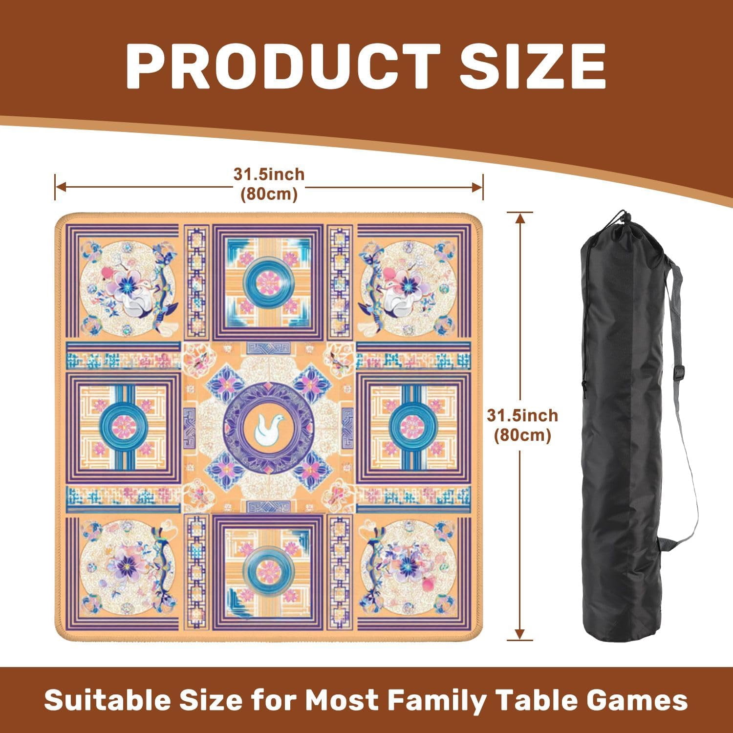 Mahjong Mat 31.5" x 31.5" Floral Geometric Dove Motif Purple Pink Blue Tones Non-Slip Noise Reduction Mahjong Tiles Table Cover for Dominoes Poker Card Board and Tile Games