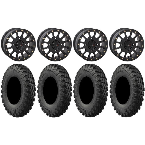 System 3 SB-5 Black 14" Wheels 28" MotoRally Tires Can-Am Commander Maverick Renegade Outlander Defender