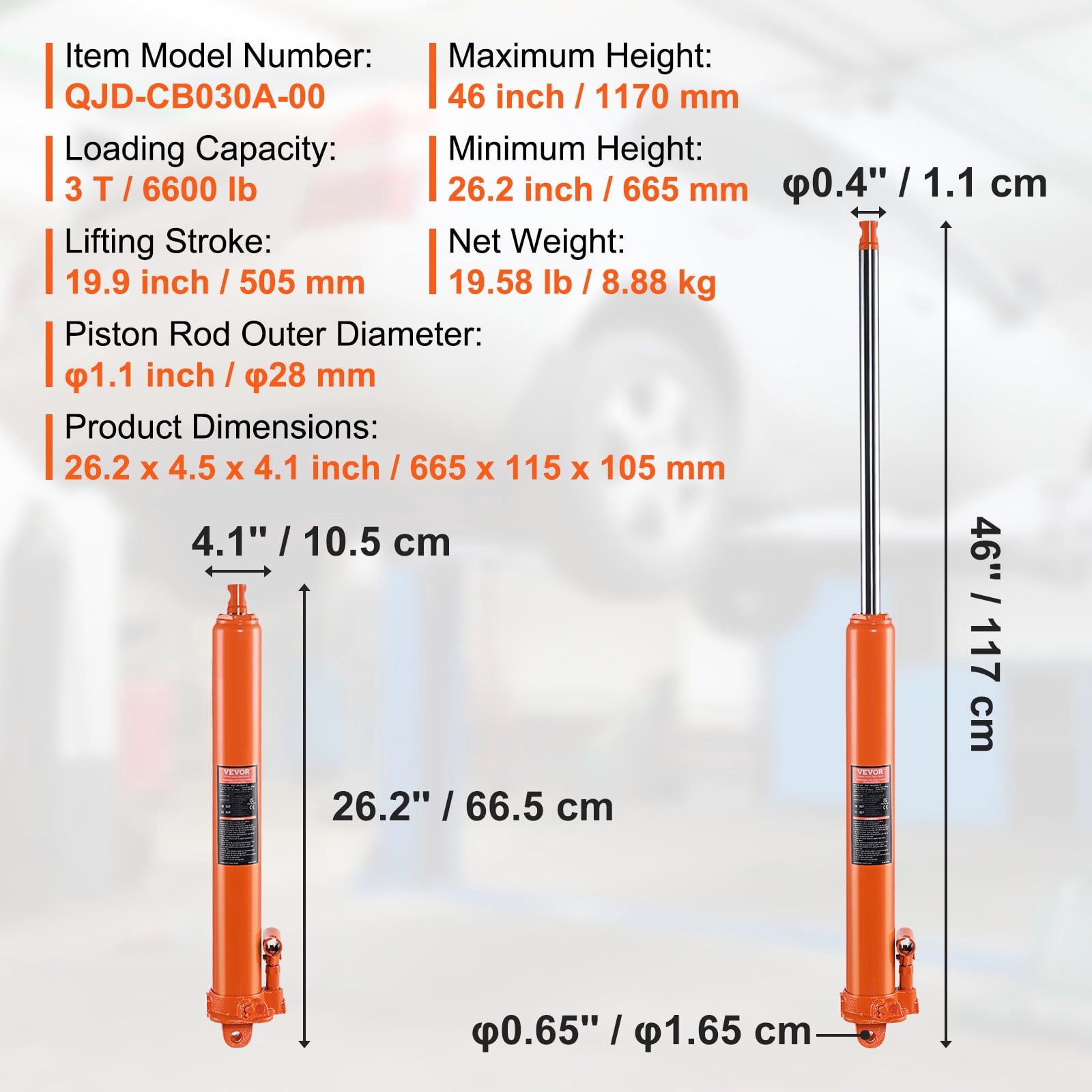 VEVOR Hydraulic Long Ram Jack, 3 Ton Engine Hoist Cylinder with Single Piston Pump And Clevis Base, Hydraulic Ram Cylinder for Engine Lift Hoists, Hydraulic Garage/Shop Cranes, Mechanical, Farm