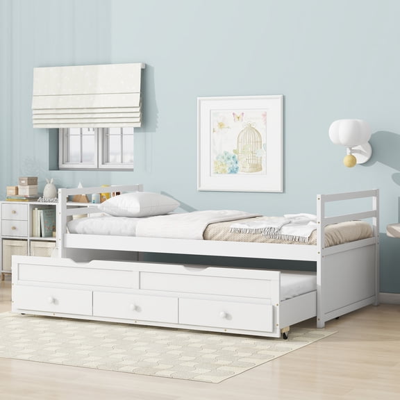 Twin Size Bed Frame, Storage Twin Daybed with Headboard, Footboard, Trundle and 3 Storage Drawers, Pine Wood Bedframe for Kids Teens Adults, White