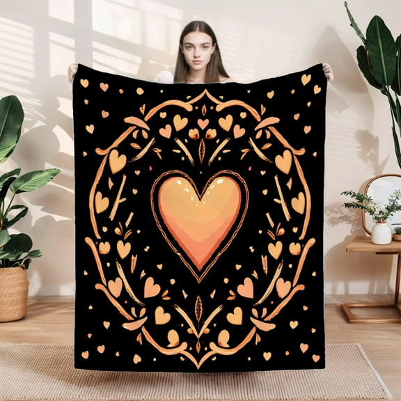 Elegant Orange Heart Flannel Blanket - Soft Cozy Durable Design with Intricate Patterns for Sofa Travel Bed and Chair