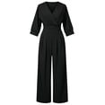 thumbnail image 5 of Karymi Capri Pants for Women Solid V Neck Wrap Jumpsuit, 3/4 Lantern Sleeve Elastic High Waist Wide Leg Long Romper Pants, Pleated Front Side Pockets Jumpsuit Halara Pants Women, 5 of 5