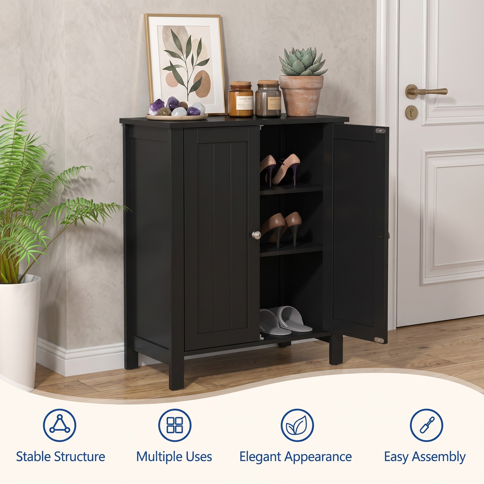 Fenbeli 2-Door Bathroom Floor Storage Cabinet, Freestanding Space-Saving Storage Organizer with Adjustable Shelves, Wooden Side Cabinet for Bathroom Laundry, Black