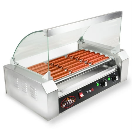 Olde Midway Electric 18 Hot Dog 7 Roller Grill Cooker Machine 900-Watt with Cover - Commercial