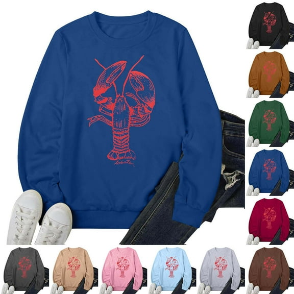 Cute Crewneck Sweatshirt for Women Lobster Printed Funny Pattern Long Sleeve Cinch Waist Casual Loose Pullover Hoodies (Beige,Large)