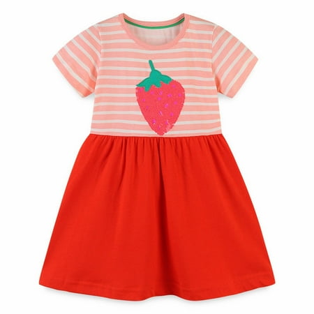 

OJinShaWanO Toddler Flower Girl Dress Girl Summer Strawberry Print Striped T Shirt Skirt A Swing Crew Neck Short Sleeve Casual Outing For 2 To 7 Years Pink Cotton 5-6 Years